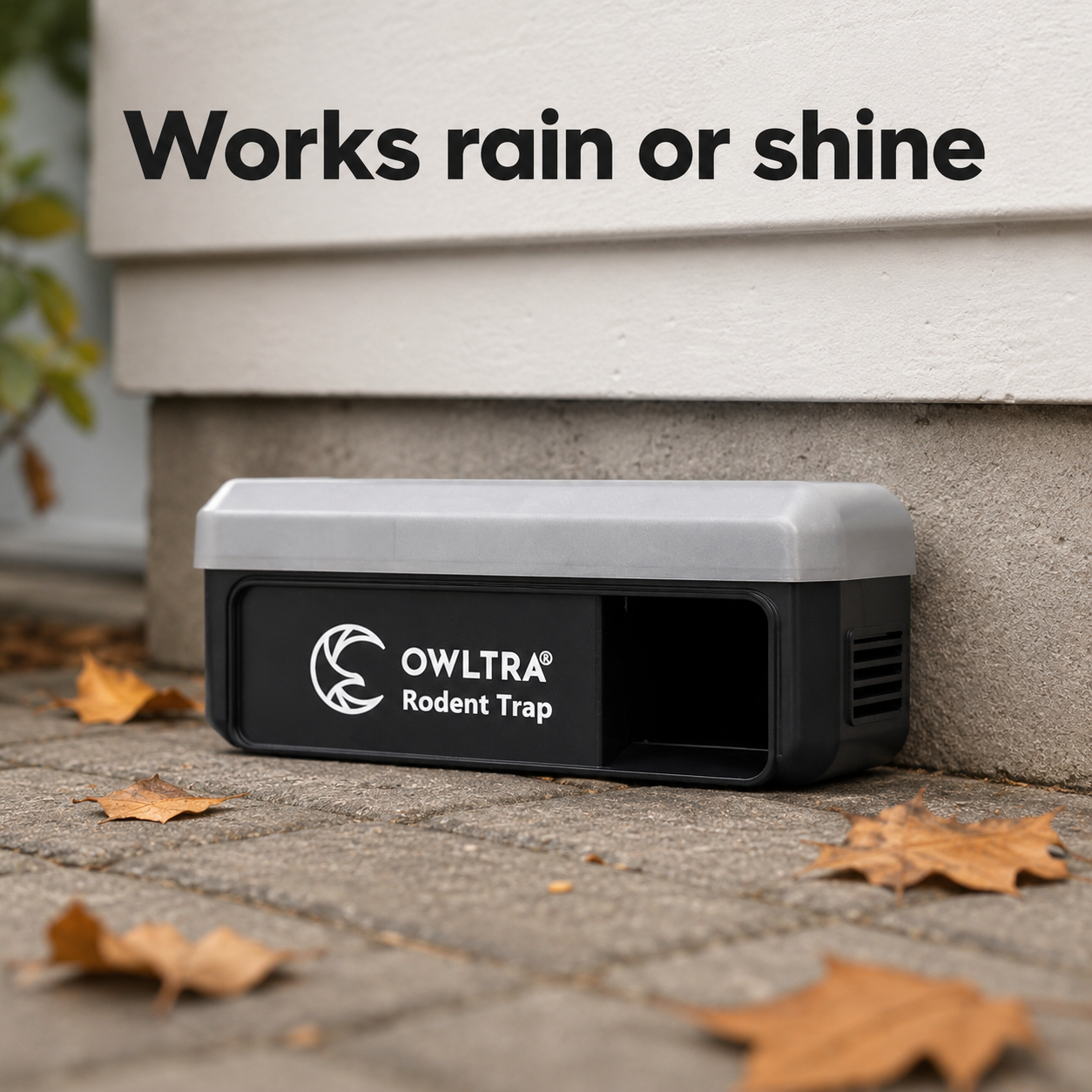 OWLTRA OW7 Outdoor Waterproof Electronic Rodent Trap on a patio — usage scene